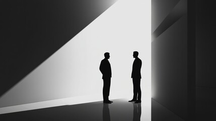 Two silhouetted figures negotiating in a well lit contemporary space during late afternoon hours. Generative AI