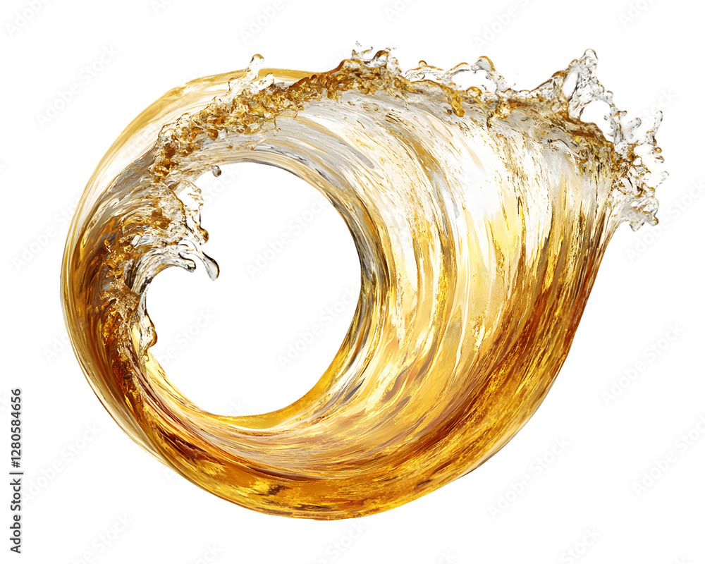 Poster abstract swirling wave of golden liquid with a transparent background. the wave is captured in motio