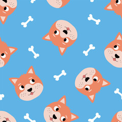 Funny shiba inu dog and bones hand drawn vector illustration. Funny animal character seamless pattern for kids fabric or wallpaper
