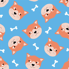 Cute shiba inu dog and bones hand drawn vector illustration. Funny animal character seamless pattern for kids fabric or wallpaper