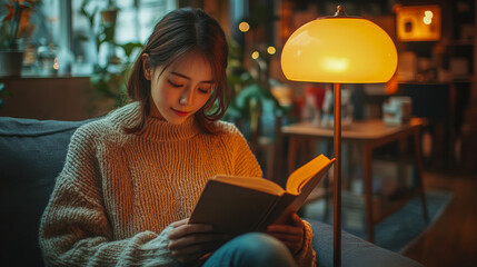 Cozy reading nook in warm evening light with a floor lamp and soft decor inviting relaxation and reflection