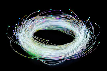 Swirling light vortex, cosmic portal, vibrant energy streams, ethereal glow, neon colors, black background, abstract space art, luminous tendrils, circular formation, dynamic motion, digital ar