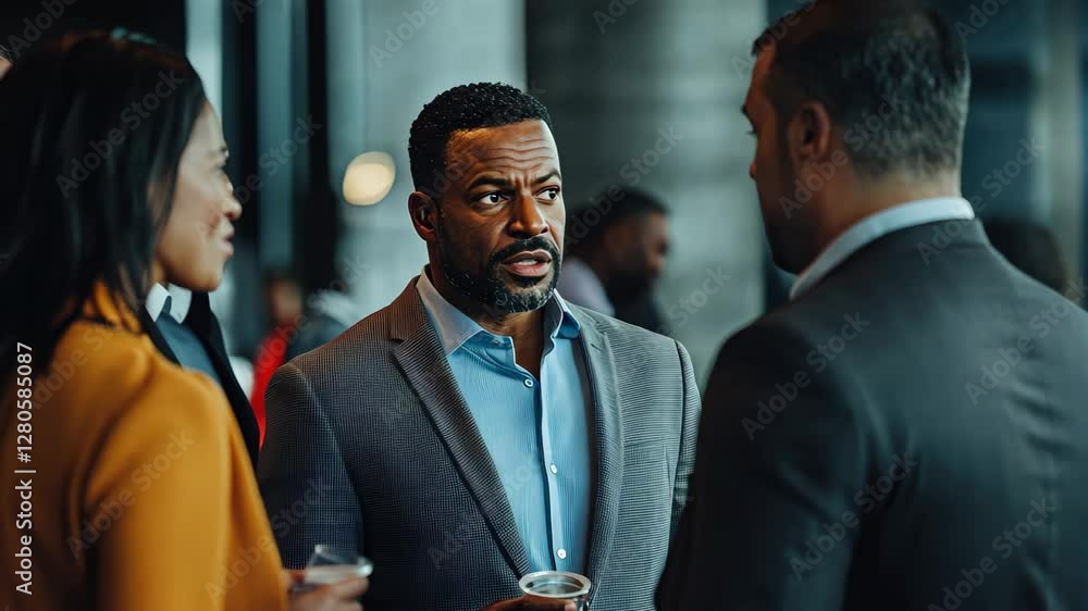 Poster diverse business professionals engaging in conversation and networking at a modern venue, diverse bu