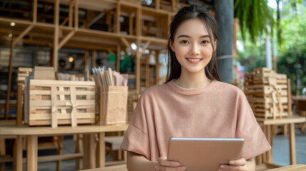 young woman smiles while using tablet in cozy cafe setting, surrounded by wooden furniture and greenery. atmosphere is warm and inviting