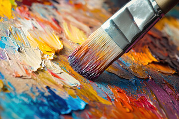 Obraz premium Artist brush mixed color oil painting on palette. Macro artist's palette. Palette with paintbrush. Artist paints a picture of oil paints. Art palette