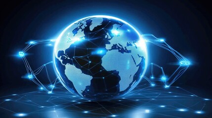 Futuristic digital globe with glowing blue network lines connecting global hubs, set against a dark, high-tech grid background.