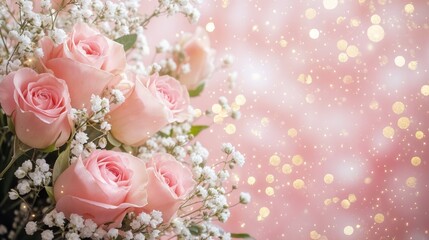 Fototapeta premium Close-up view of pink roses bouquet against romantic bokeh background