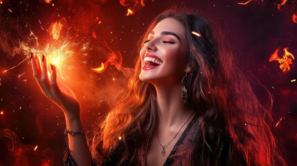 Naklejka premium Halloween party promotional image, a beautiful female magician is laughing happily while creating sparks floating around her, against a dramatic dark red background