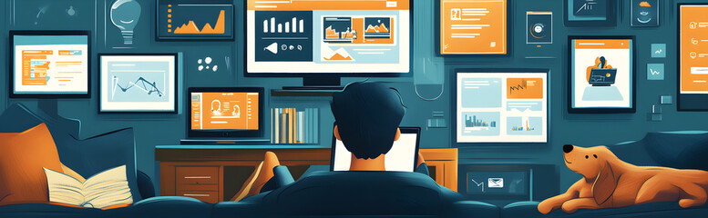 A cartoon-style illustration of an online student studying at home, surrounded by various digital devices displaying educational content
