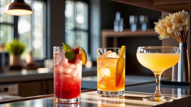 Refreshing cocktails served in a stylish setting at a bustling bar during evening hours
