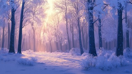Naklejka premium A serene winter forest with frost-covered trees glowing in the soft morning sunlight.