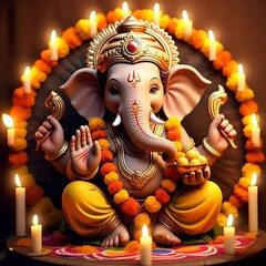 Majestic Lord Ganesha Seated on a Grand Golden Asan Throne | Ganpati Bappa Photo HD 4K | Divine Festival Art with Diyas & Floral Decor hindu god ganesha