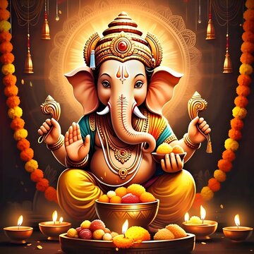 Majestic Lord Ganesha Seated on a Grand Golden Asan Throne | Ganpati Bappa Photo HD 4K | Divine Festival Art with Diyas & Floral Decor hindu god ganesha