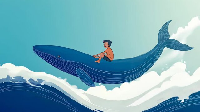 A boy is riding a whale