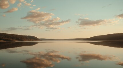 Fototapeta premium Calm lake reflecting sunset sky and clouds.