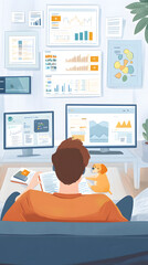 A cartoon-style illustration of an online student studying at home, surrounded by various digital devices displaying educational content
