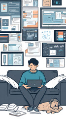 A cartoon-style illustration of an online student studying at home, surrounded by various digital devices displaying educational content
