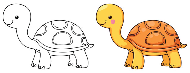 Turtle Isolated Line Art Vector Outline Illustration Black and White with Coloring Sample