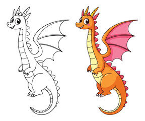 Dragon Isolated Line Art Vector Outline Illustration Black and White with Coloring Sample