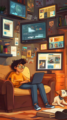 A cartoon-style illustration of an online student studying at home, surrounded by various digital devices displaying educational content
