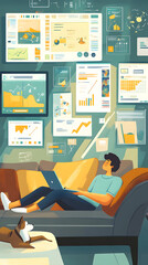A cartoon-style illustration of an online student studying at home, surrounded by various digital devices displaying educational content
