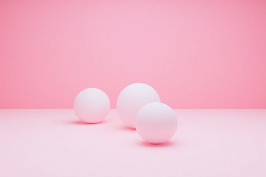 3D rendered pink room with white spheres in triangular formation