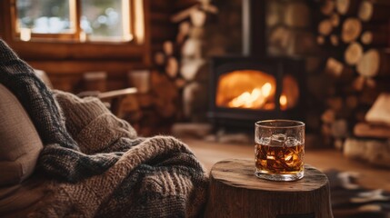 Alcohol consumption at a rustic mountain lodge with whiskey. Featuring wood décor and cozy ambiance