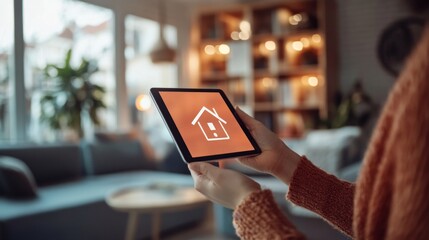 Woman using tablet to control smart home features in a cozy living room during the afternoon
