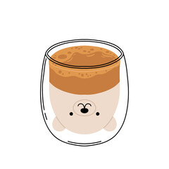 Set of cute Coffee Cups with Latte Art. Collection of coffee drinks with variety latte art heart, leaf, bear, cat, Flower. Cafe Bar or Coffee House Graphics. Vector Illustration