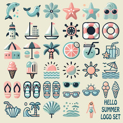 Collection vector of summer-themed icons set,including beach elements, palm trees,sunglasses,ice cream,flip-flops,and lifebuoys. Perfect for vacation designs,travel branding,and digital illustrations.