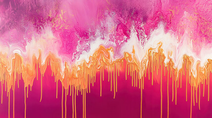 A captivating abstract painting with layers of vibrant paint dripping down a solid burnt-orange background