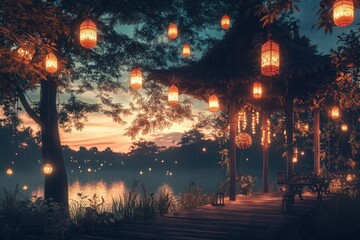 Tranquil evening by the lakeside pavilion with lanterns glowing softly