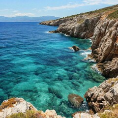 Fototapeta premium Oceans, vast expanses of water with crystal clear waters, waves and rocky shores. (created with the help of artificial intelligence)