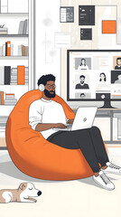 A cartoon-style illustration of an online student studying at home, surrounded by various digital devices displaying educational content
