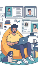 A cartoon-style illustration of an online student studying at home, surrounded by various digital devices displaying educational content
