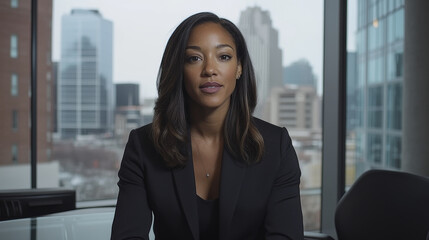 Obraz premium confident woman in black suit sits in office with city skyline in background, exuding professionalism and determination