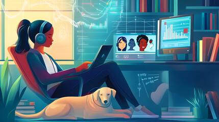 A cartoon-style illustration of an online student studying at home, surrounded by various digital devices displaying educational content
