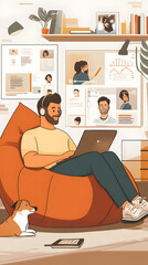 A cartoon-style illustration of an online student studying at home, surrounded by various digital devices displaying educational content
