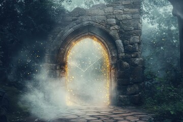 Fototapeta premium mystical stone archway emanating supernatural light in misty ancient forest, with ethereal particles and magical symbols floating through the portal opening