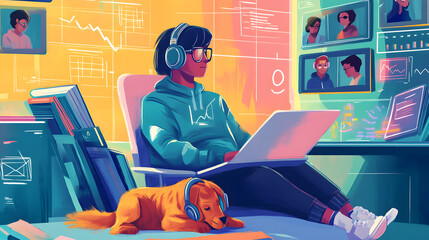 A cartoon-style illustration of an online student studying at home, surrounded by various digital devices displaying educational content
