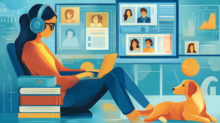 A cartoon-style illustration of an online student studying at home, surrounded by various digital devices displaying educational content
