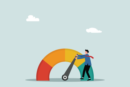 Pull skill level, credit score or performance improvement, improvement or effort to be better, excellent customer feedback review, measuring scale rating concept, businessman pulling skill performance