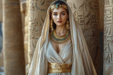 Portrait of a woman dressed in ancient Egyptian attire inside of an ancient temple, with gold jewelry and elegant flowing garments, next to hieroglyphic columns.