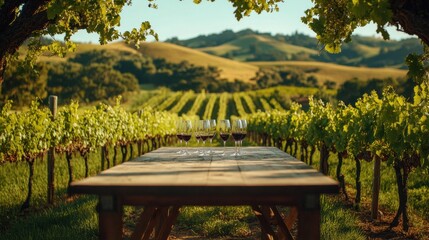 Naklejka premium Alcohol consumption at a rustic vineyard with wine glasses. Featuring beautiful scenic views and lush grapevines