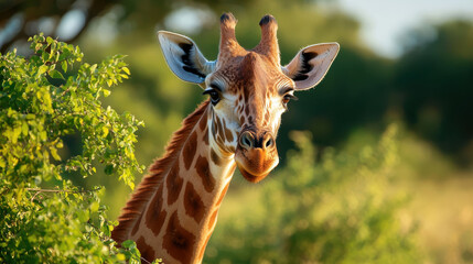 Obraz premium graceful giraffe peeking through lush greenery, showcasing its unique features and serene expression