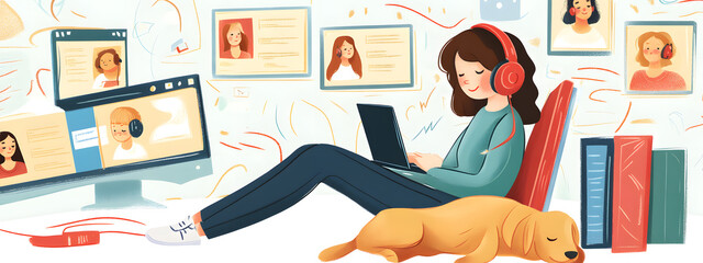 A cartoon-style illustration of an online student studying at home, surrounded by various digital devices displaying educational content
