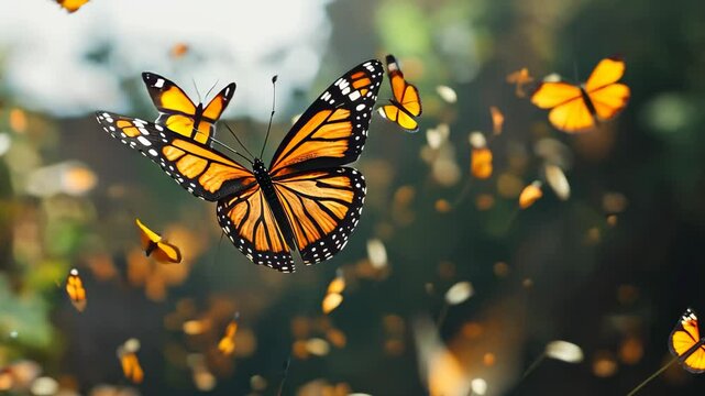 Colorful monarch butterflies fluttering freely in a vibrant garden on a sunny day, A beautiful monarch butterfly freely flying, then falling down 3D rendering