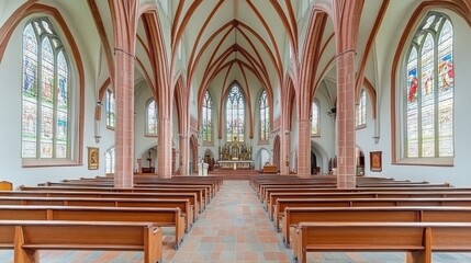 Fototapeta premium Interior of a church, pews, stained glass, altar, worship