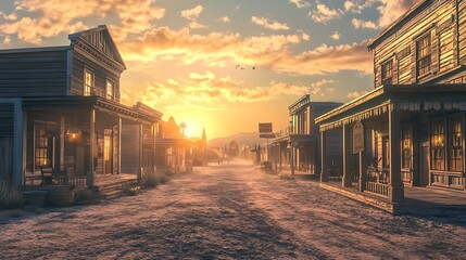 Vintage Western Town at Sunset with Dramatic Sky and Old Buildings