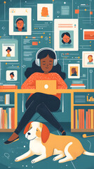 A cartoon-style illustration of an online student studying at home, surrounded by various digital devices displaying educational content

